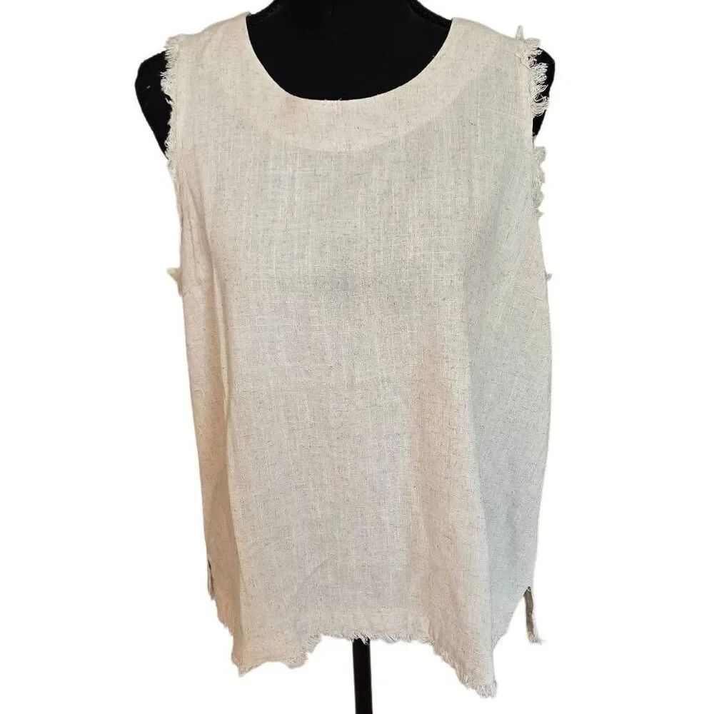Umgee Womens Button Back Frayed Edge Sleeveless Linen Top Oatmeal Medium